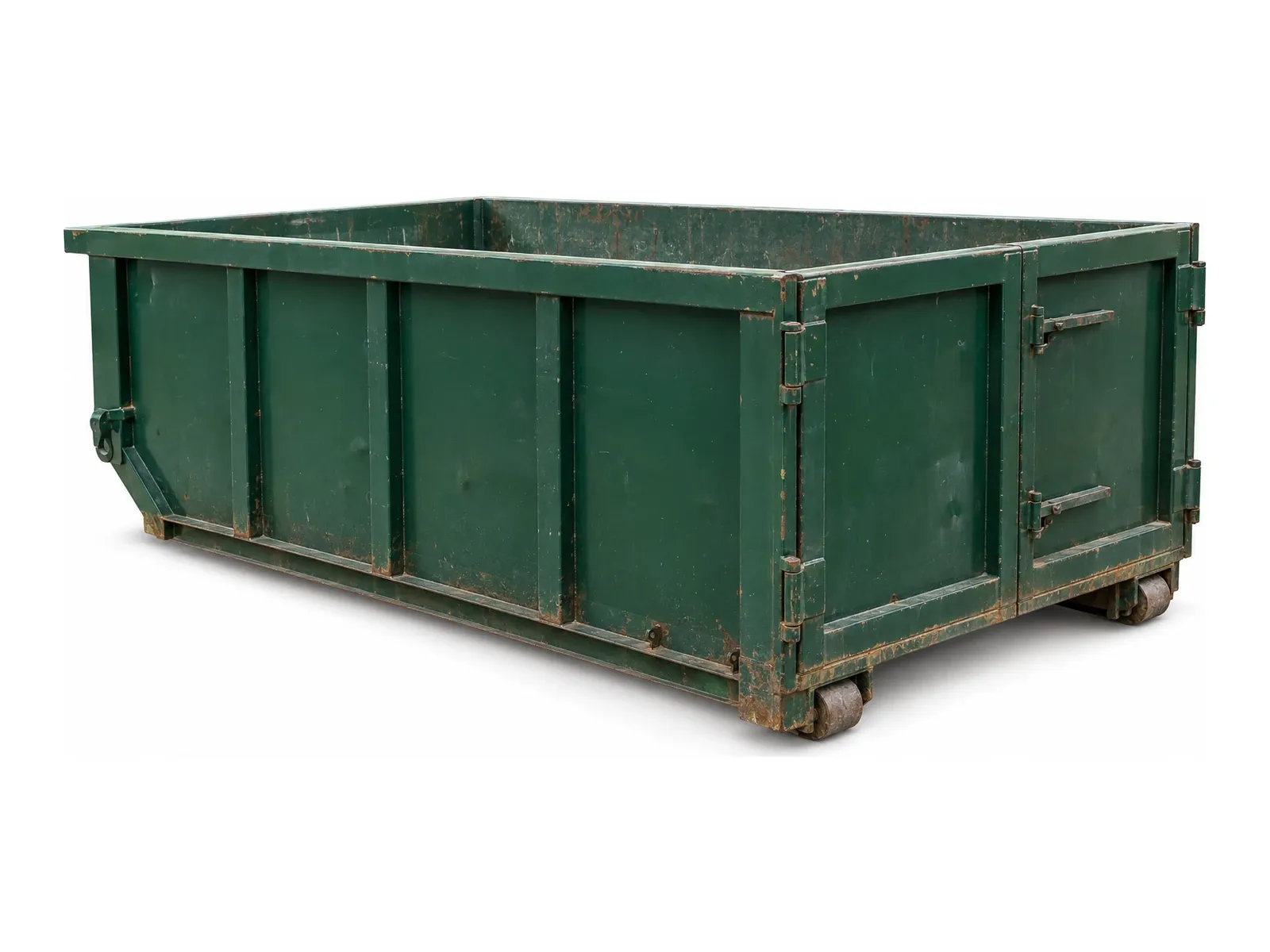 A green 10-yard roll-off dumpster