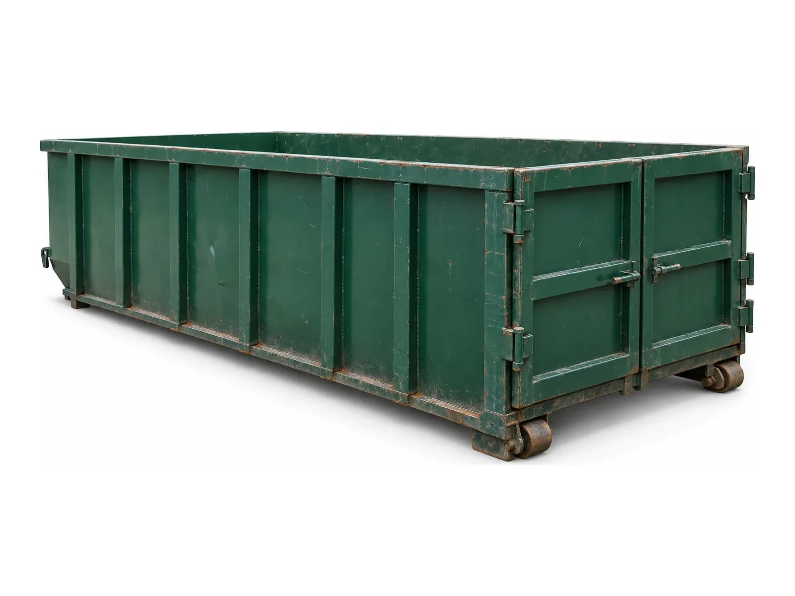 A green 15-yard roll-off dumpster