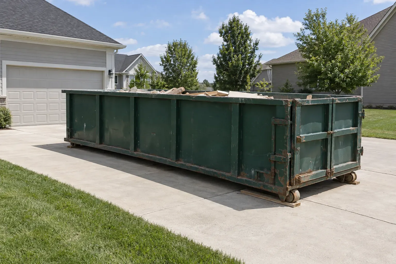A 20-yard roll-off dumpster on site