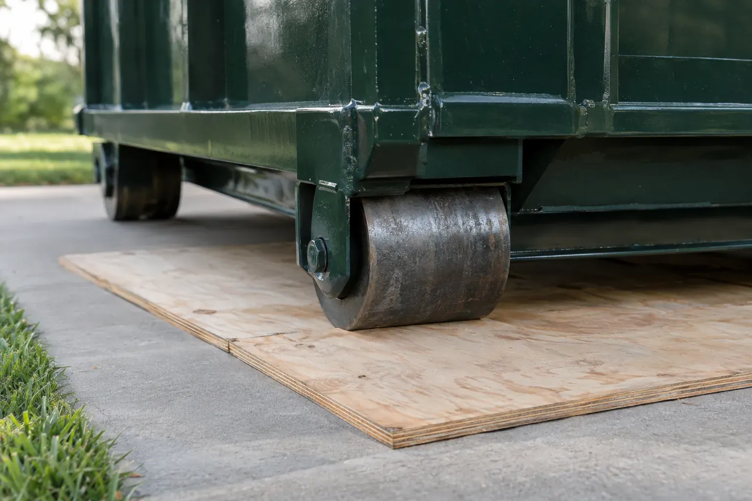 A dumpster wheel resting on a plywood board over a concrete driveway