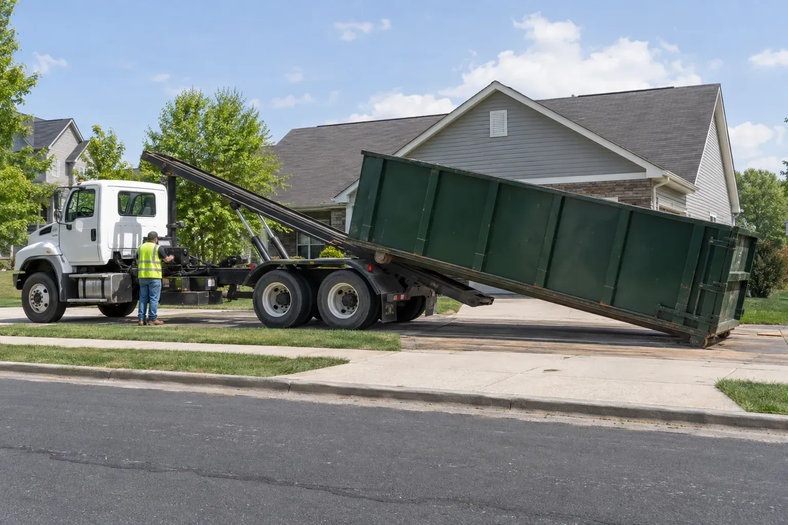 A roll-off truck setting a used green dumpster down on wooden planks at the end of a driveway