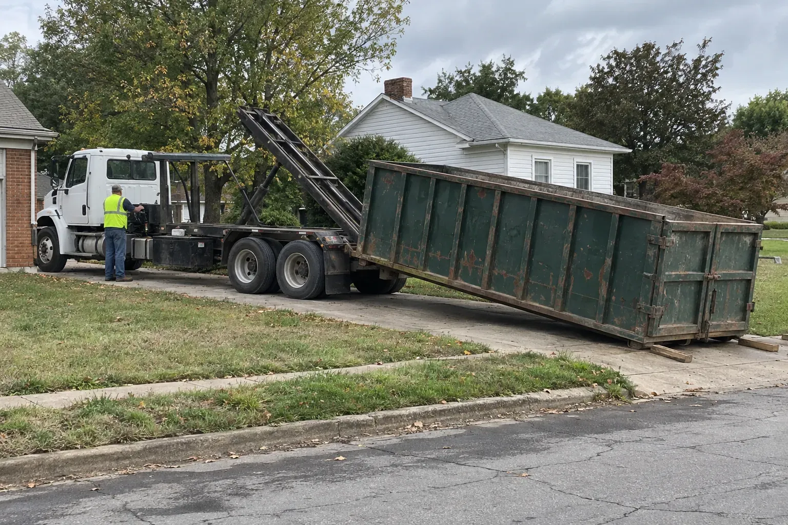 A roll-off truck setting a used green dumpster down on wooden planks at the end of a driveway