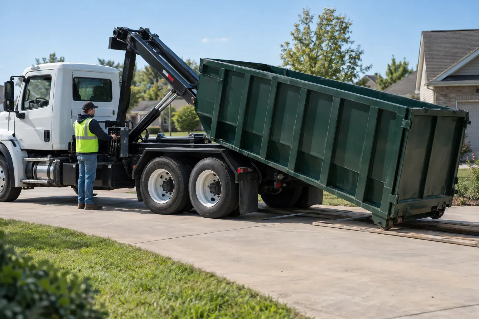 A roll-off truck lowering a green dumpster onto boards in a driveway