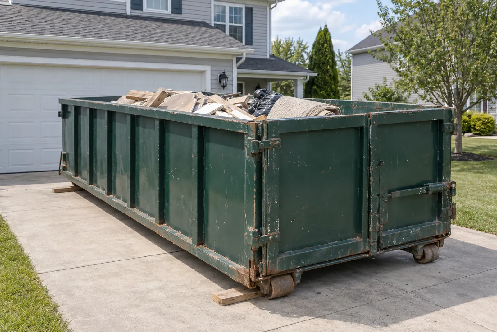 A used green roll-off dumpster on wooden planks in a suburban driveway, half full of renovation debris