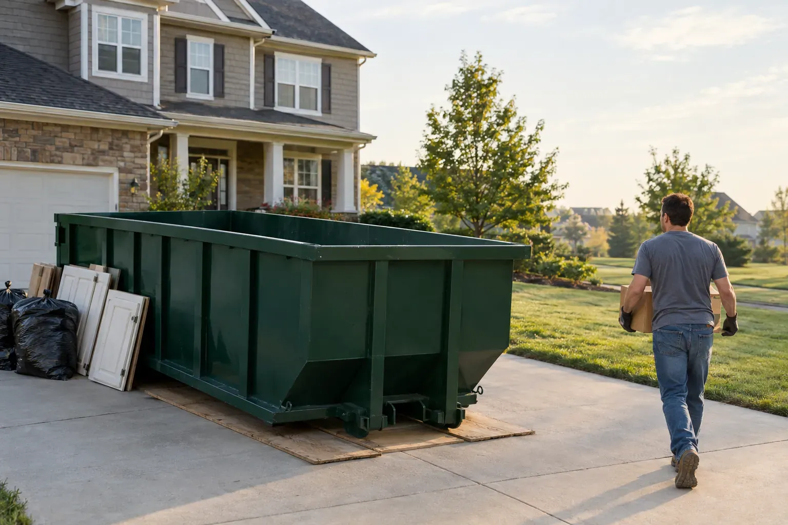A green roll-off dumpster on protective boards in a suburban driveway