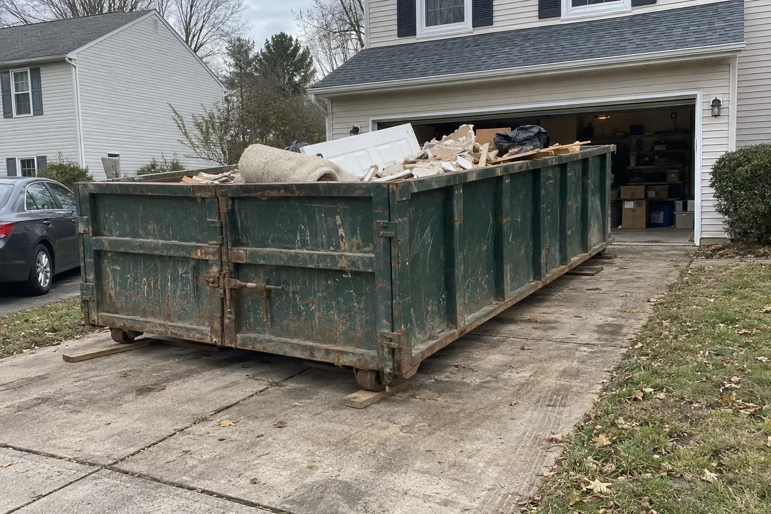 A used green roll-off dumpster on wooden planks in a suburban driveway, half full of renovation debris