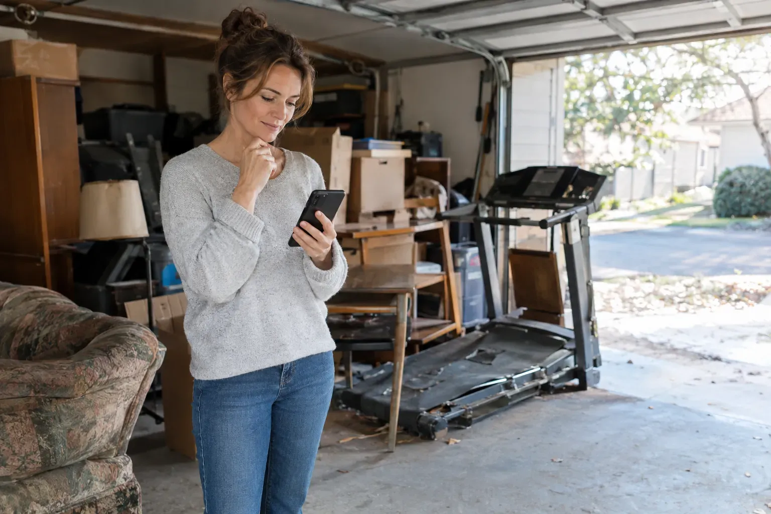 A homeowner in a cluttered garage checking her phone