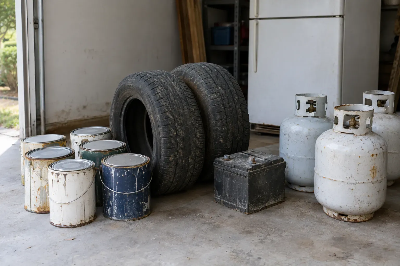 Paint cans, tires, a car battery and propane tanks set aside on a garage floor