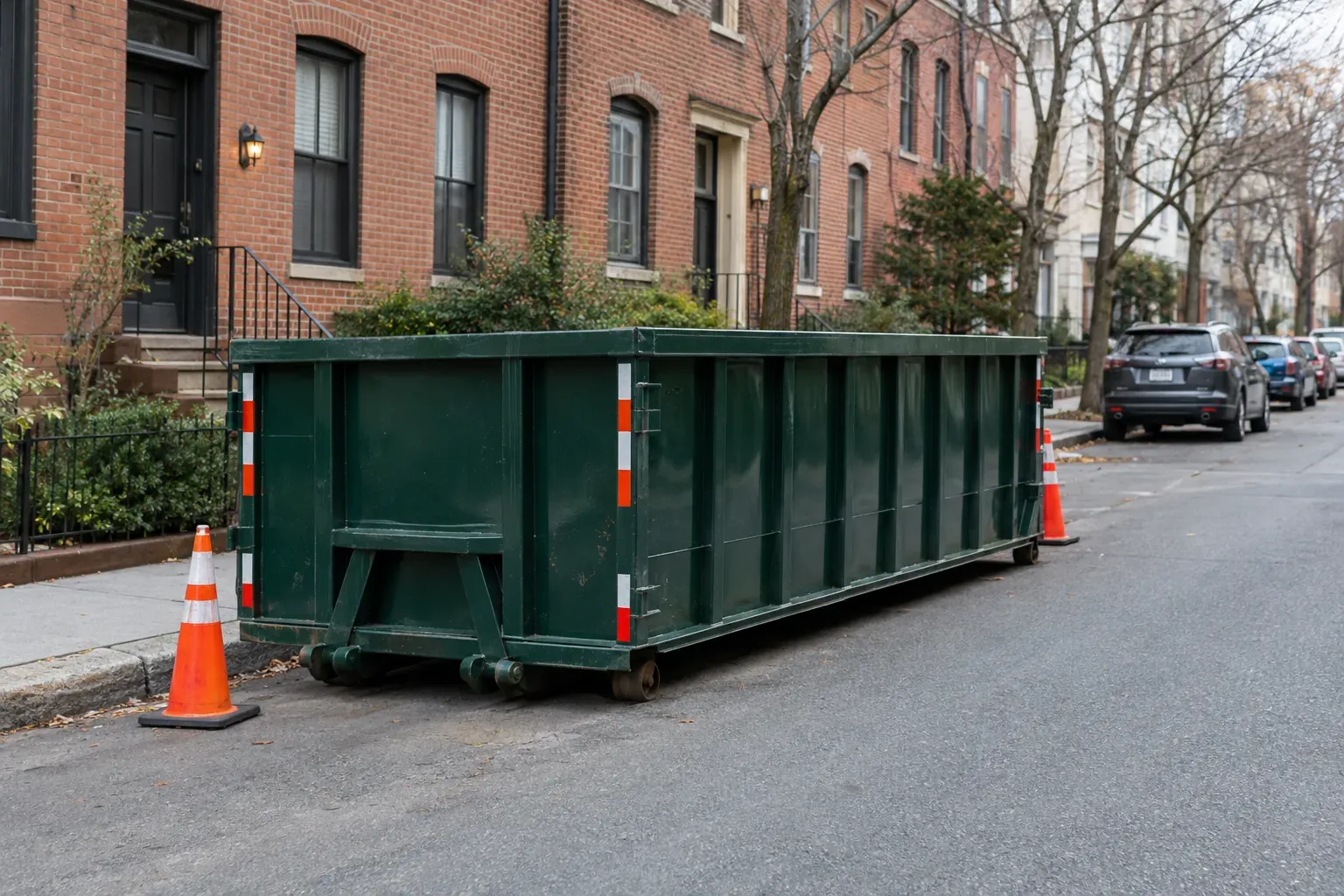 A dumpster on a residential street with traffic cones